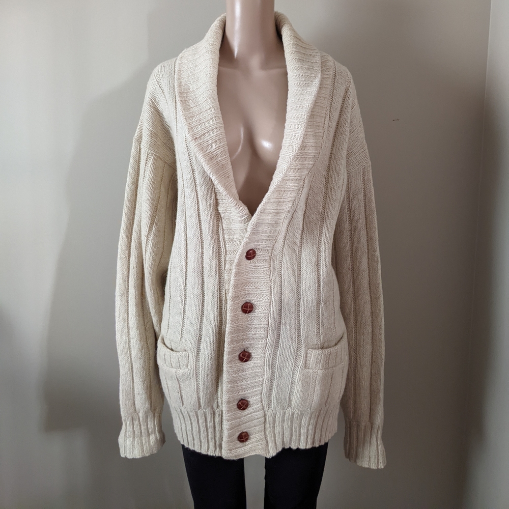 Vintage London Fog Outdoors Unlimited Wool Beige Cardigan Sweater, Men's Medium